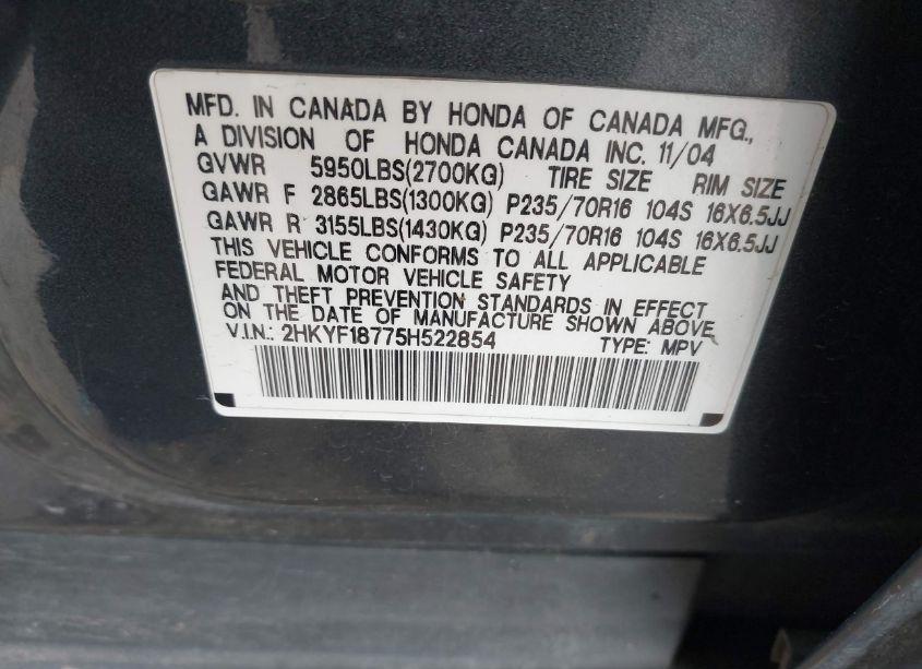 Photo 9 of 2005 Honda Pilot EX-L (VIN 2HKYF18775H522854)