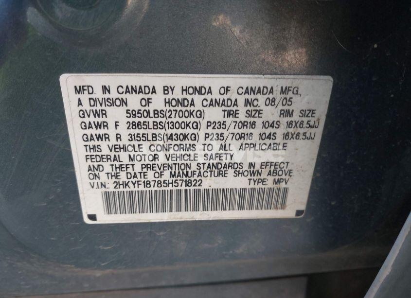 Photo 9 of 2005 Honda Pilot EX-L (VIN 2HKYF18785H571822)