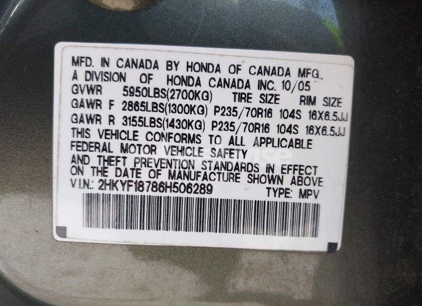 Photo 9 of 2006 Honda Pilot EX-L (VIN 2HKYF18786H506289)