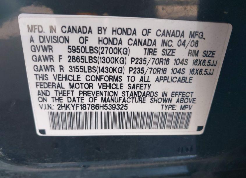 Photo 9 of 2006 Honda Pilot EX-L (VIN 2HKYF18786H539325)
