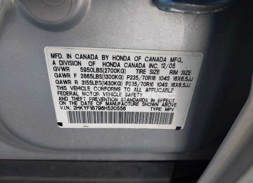 Photo 9 of 2006 Honda Pilot EX-L (VIN 2HKYF18796H520556)