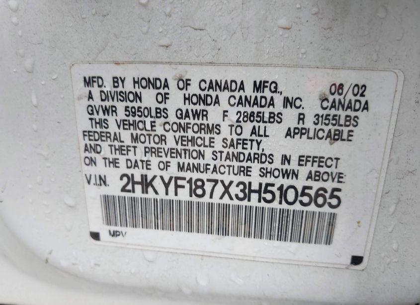 Photo 9 of 2003 Honda Pilot EX-L (VIN 2HKYF187X3H510565)