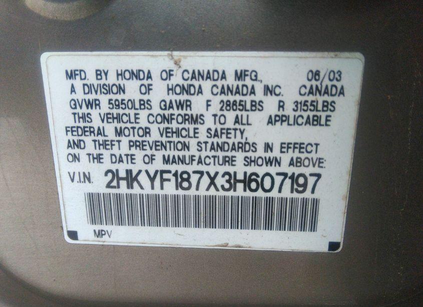 Photo 9 of 2003 Honda Pilot EX-L (VIN 2HKYF187X3H607197)