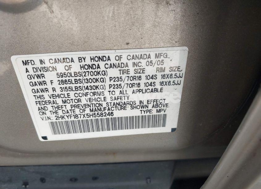 Photo 9 of 2005 Honda Pilot EX-L (VIN 2HKYF187X5H558246)