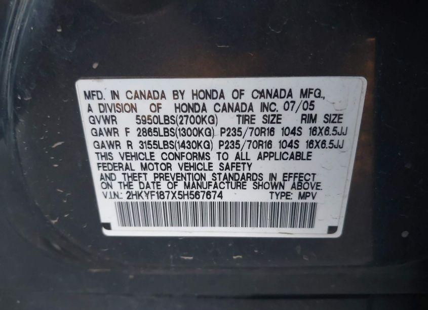 Photo 9 of 2005 Honda Pilot EX-L (VIN 2HKYF187X5H567674)