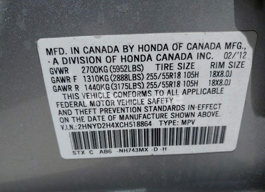 Photo 9 of 2012 Acura Mdx TECHNOLOGY PACKAGE (VIN 2HNYD2H4XCH518864)