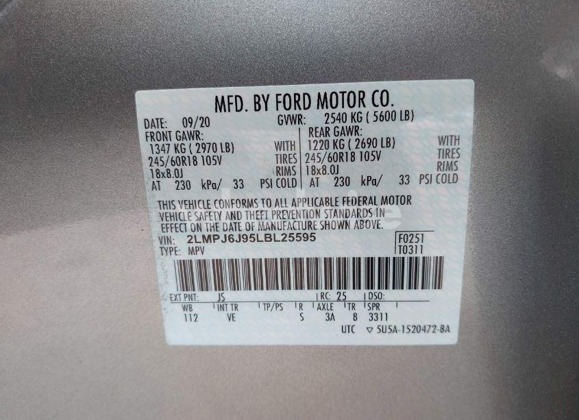 Photo 9 of 2020 Lincoln Nautilus STANDARD (VIN 2LMPJ6J95LBL25595)