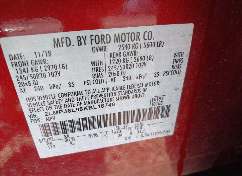 Photo 9 of 2019 Lincoln Nautilus RESERVE (VIN 2LMPJ6L98KBL18748)