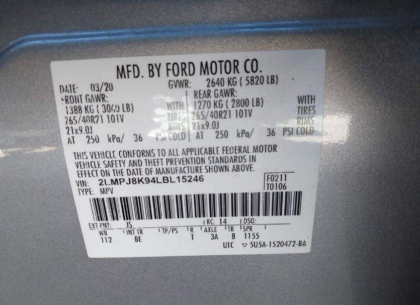 Photo 9 of 2020 Lincoln Nautilus RESERVE (VIN 2LMPJ8K94LBL15246)