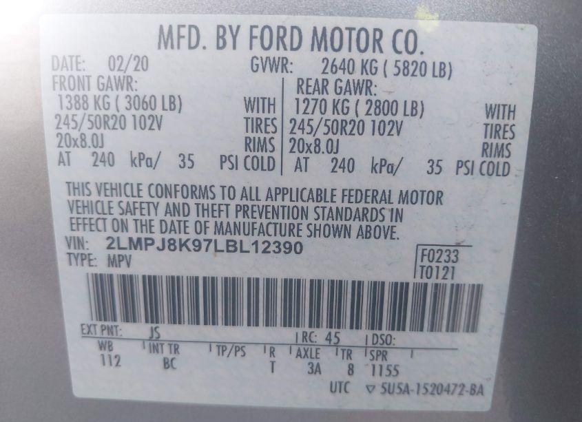 Photo 9 of 2020 Lincoln Nautilus RESERVE (VIN 2LMPJ8K97LBL12390)