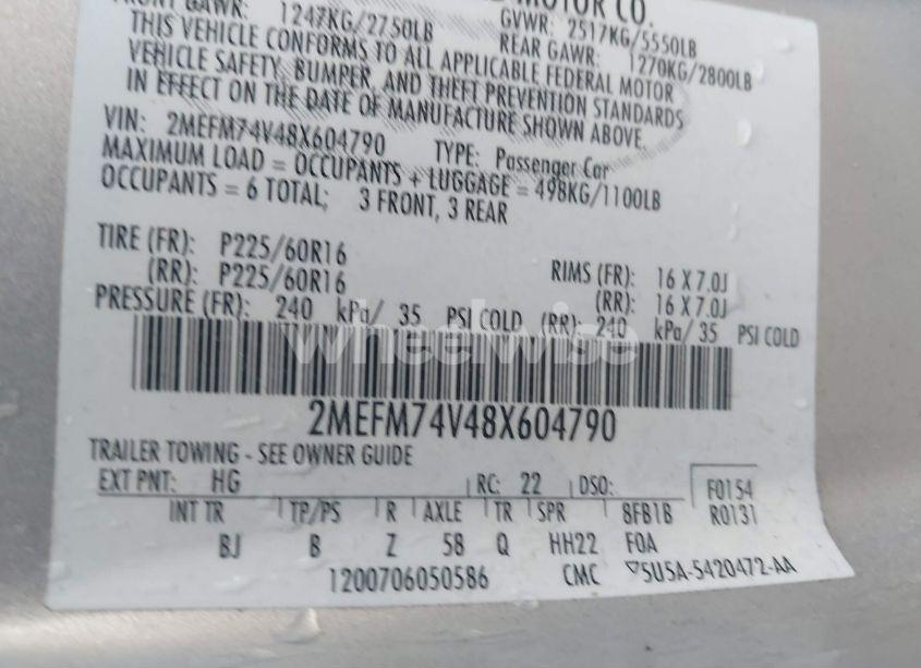 Photo 9 of 2008 Mercury Grand MARQUIS GS (VIN 2MEFM74V48X604790)