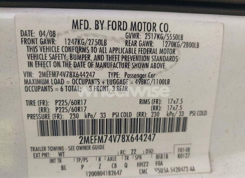 Photo 9 of 2008 Mercury Grand MARQUIS GS (VIN 2MEFM74V78X644247)