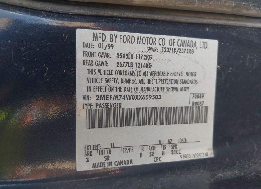 Photo 9 of 1999 Mercury Grand MARQUIS GS (VIN 2MEFM74W0XX659583)
