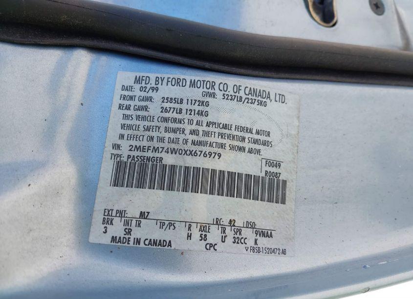 Photo 9 of 1999 Mercury Grand MARQUIS GS (VIN 2MEFM74W0XX676979)