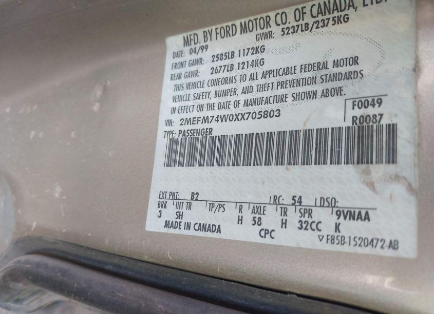 Photo 9 of 1999 Mercury Grand MARQUIS (VIN 2MEFM74W0XX705803)