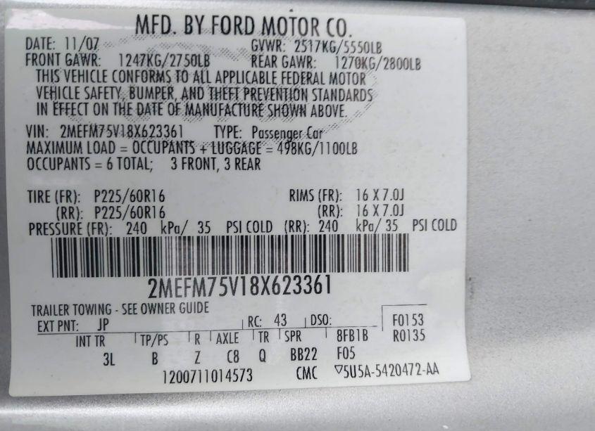 Photo 9 of 2008 Mercury Grand MARQUIS LS (VIN 2MEFM75V18X623361)