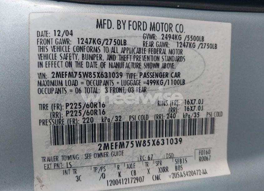 Photo 9 of 2005 Mercury Grand MARQUIS (VIN 2MEFM75W85X631039)