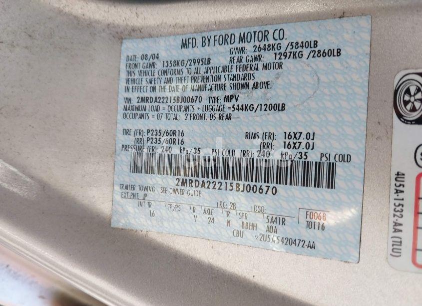 Photo 9 of 2005 Mercury Monterey LUXURY (VIN 2MRDA22215BJ00670)