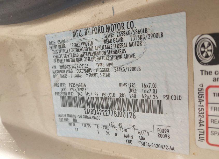 Photo 9 of 2007 Mercury Monterey LUXURY (VIN 2MRDA22277BJ00126)