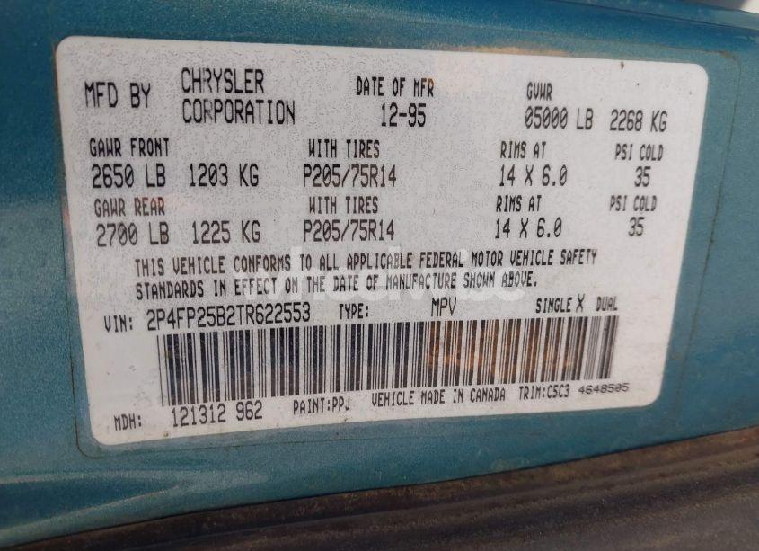 Photo 9 of 1996 Plymouth Voyager (VIN 2P4FP25B2TR622553)