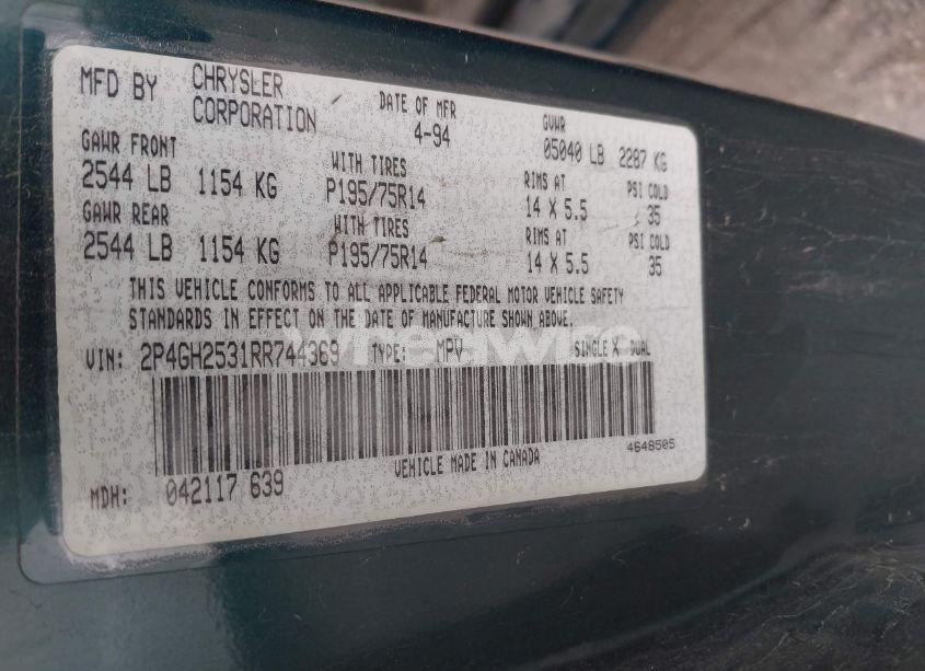 Photo 9 of 1994 Plymouth Voyager (VIN 2P4GH2531RR744369)