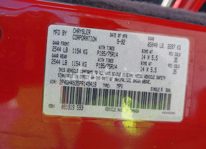 Photo 9 of 1993 Plymouth Voyager SE (VIN 2P4GH4535PR149419)