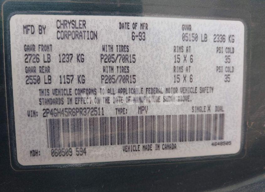 Photo 9 of 1993 Plymouth Voyager SE (VIN 2P4GH45R6PR372511)