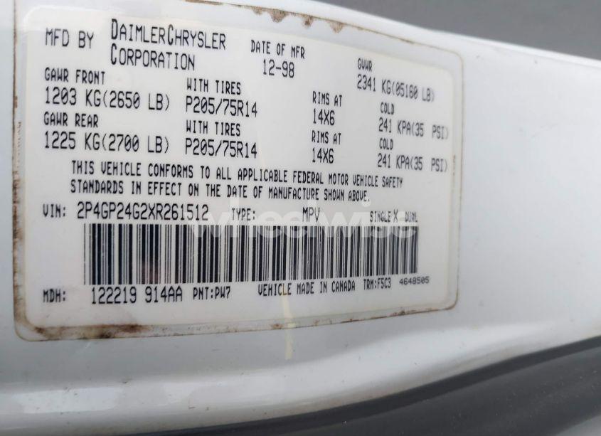 Photo 9 of 1999 Plymouth Grand VOYAGER (VIN 2P4GP24G2XR261512)