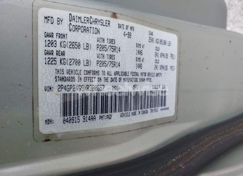 Photo 9 of 1999 Plymouth Grand VOYAGER (VIN 2P4GP24G9XR380657)