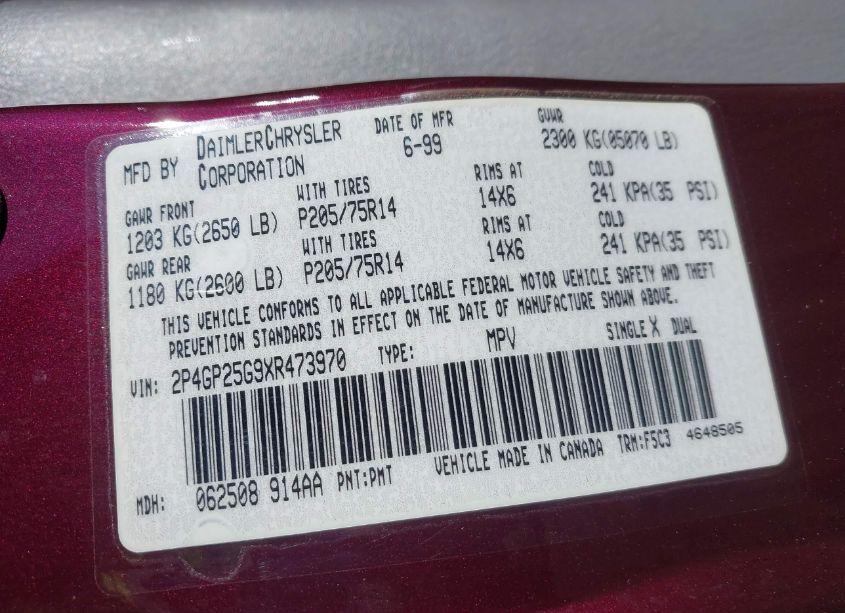 Photo 9 of 1999 Plymouth Voyager N/A (VIN 2P4GP25G9XR473970)
