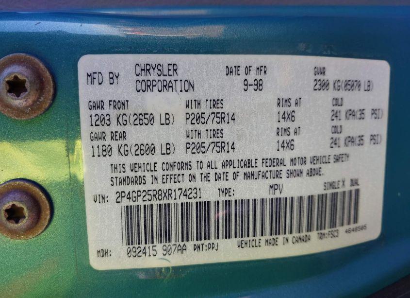 Photo 9 of 1999 Plymouth Voyager N/A (VIN 2P4GP25R8XR174231)