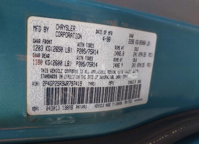 Photo 9 of 1998 Plymouth Voyager (VIN 2P4GP25R9WR797419)