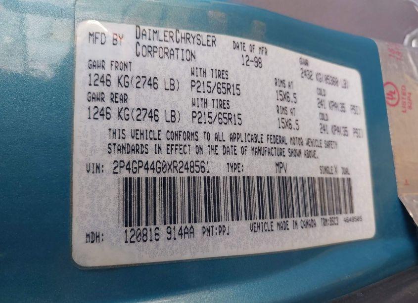 Photo 9 of 1999 Plymouth Grand VOYAGER SE (VIN 2P4GP44G0XR248561)