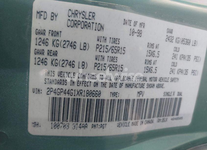Photo 9 of 1999 Plymouth Grand VOYAGER SE (VIN 2P4GP44G1XR180660)