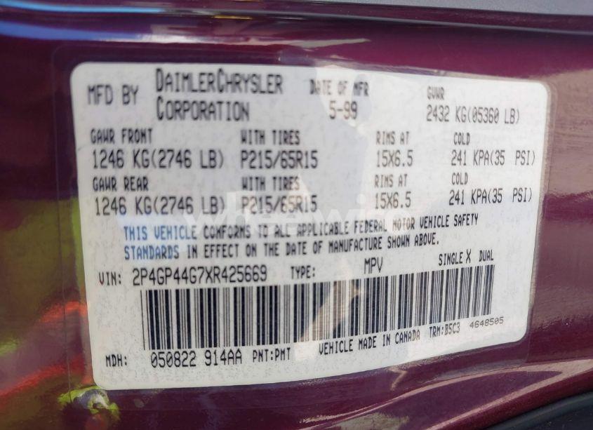 Photo 9 of 1999 Plymouth Grand VOYAGER SE (VIN 2P4GP44G7XR425669)