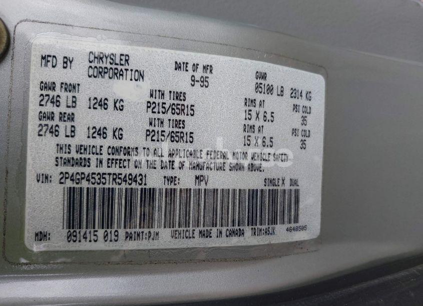 Photo 9 of 1996 Plymouth Voyager SE (VIN 2P4GP4535TR549431)