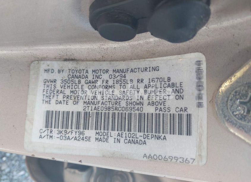 Photo 9 of 1994 Toyota Corolla LE/DX (VIN 2T1AE09B5RC069540)