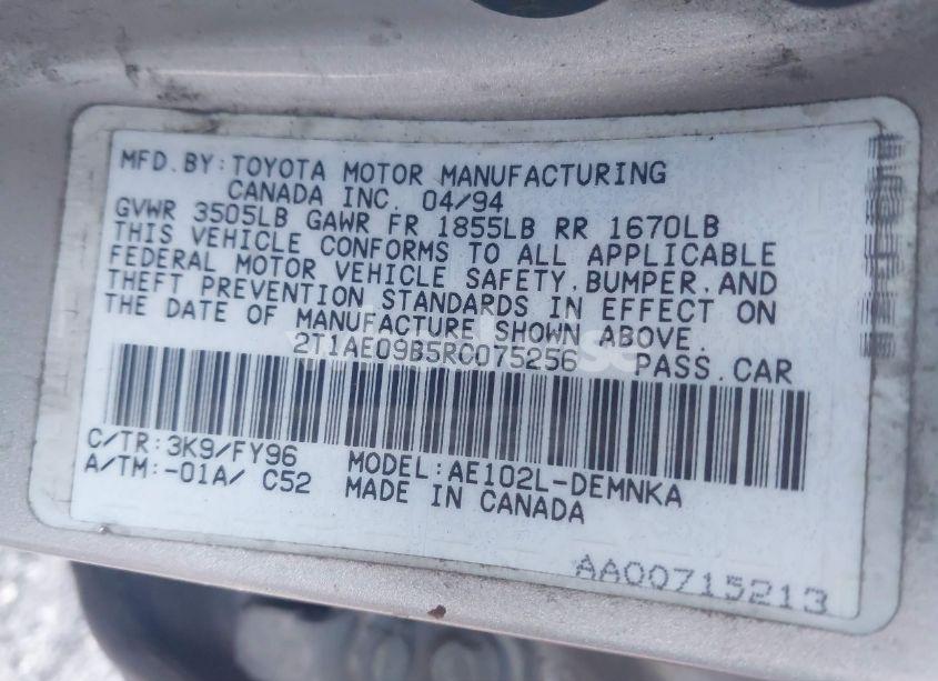 Photo 9 of 1994 Toyota Corolla LE/DX (VIN 2T1AE09B5RC075256)