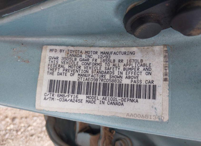 Photo 9 of 1994 Toyota Corolla LE/DX (VIN 2T1AE09B7RC058832)