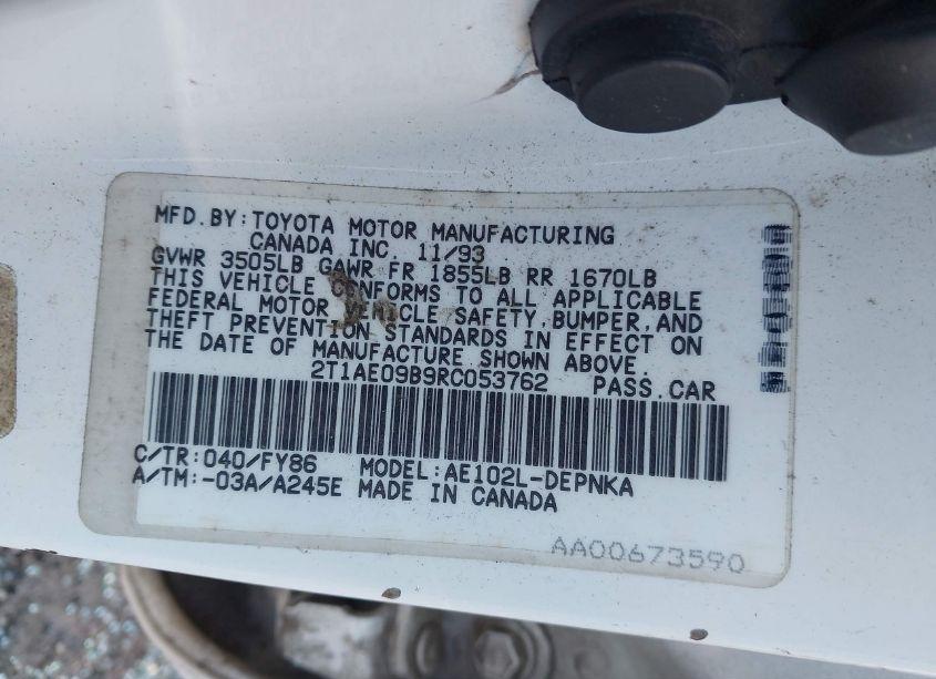 Photo 9 of 1994 Toyota Corolla LE/DX (VIN 2T1AE09B9RC053762)