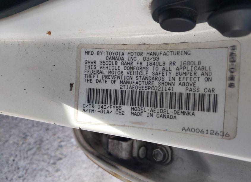 Photo 8 of 1993 Toyota Corolla LE/DX (VIN 2T1AE09E5PC021141)