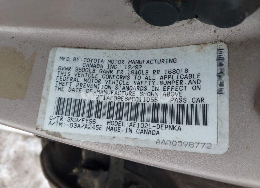 Photo 9 of 1993 Toyota Corolla LE/DX (VIN 2T1AE09E6PC011055)