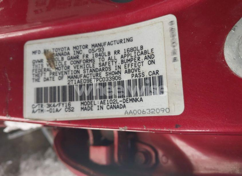 Photo 9 of 1993 Toyota Corolla LE/DX (VIN 2T1AE09E7PC033906)