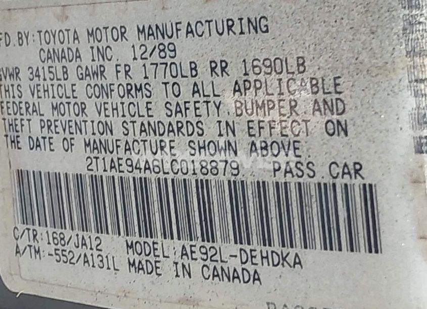 Photo 9 of 1990 Toyota Corolla DLX (VIN 2T1AE94A6LC018879)