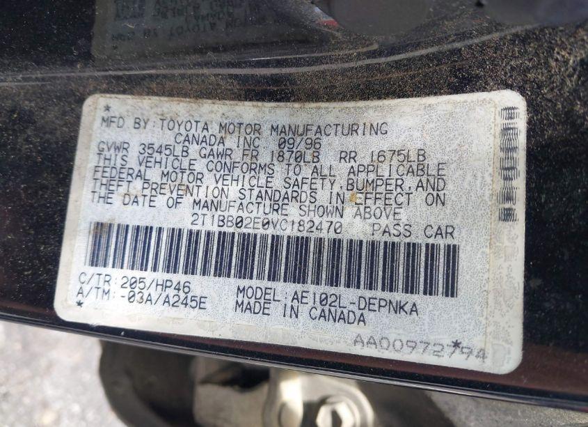 Photo 9 of 1997 Toyota Corolla DX (VIN 2T1BB02E0VC182470)