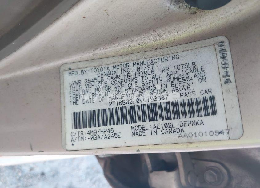 Photo 9 of 1997 Toyota Corolla DX (VIN 2T1BB02E0VC193887)