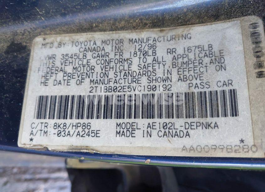 Photo 9 of 1997 Toyota Corolla DX (VIN 2T1BB02E5VC190192)