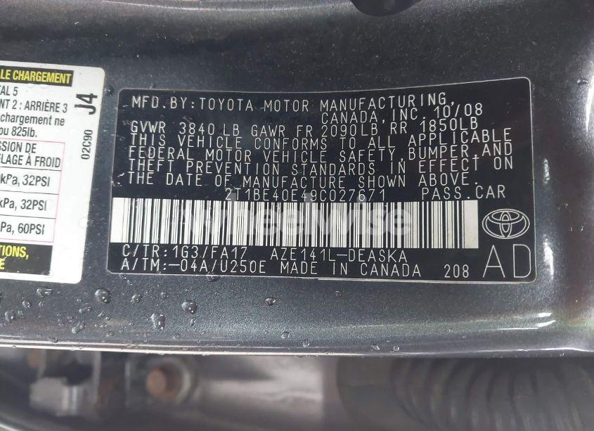 Photo 9 of 2009 Toyota Corolla XRS (VIN 2T1BE40E49C027671)