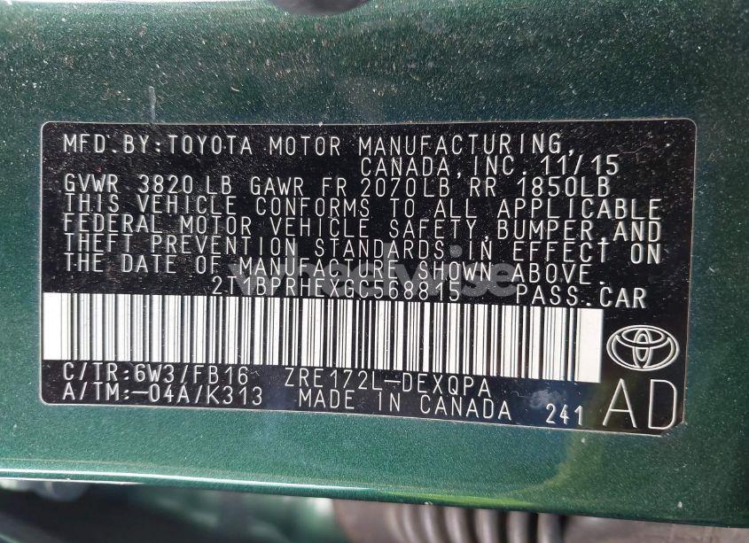 Photo 9 of 2016 Toyota Corolla LE ECO (VIN 2T1BPRHEXGC568815)