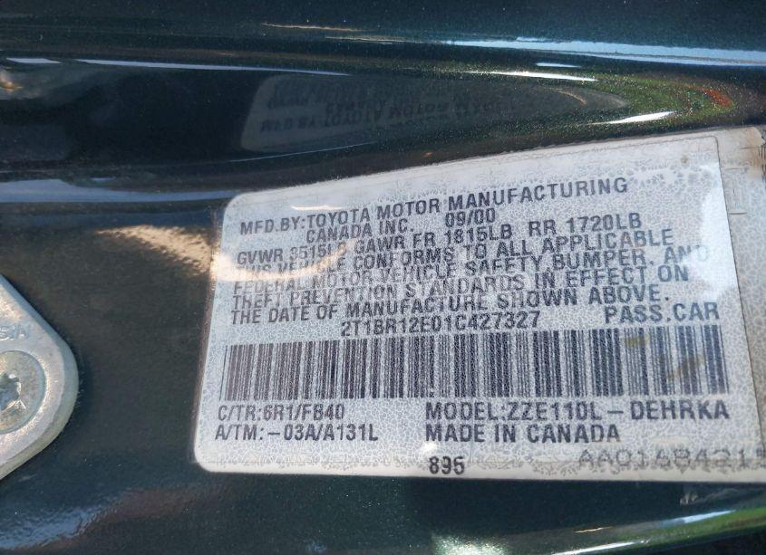 Photo 9 of 2001 Toyota Corolla CE (VIN 2T1BR12E01C427327)